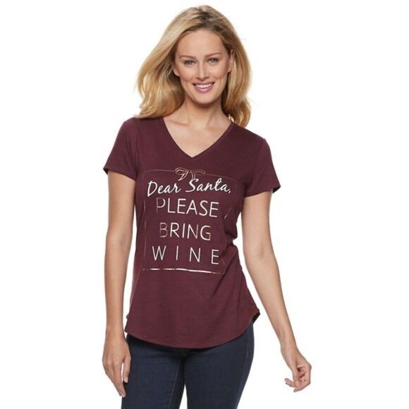 Apt. 9 Christmas Themed Graphic Tee Shirt “Dear Santa Please Bring Wine” • Small - Picture 1 of 10